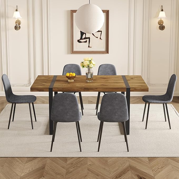 Dining Table Set for 6，Dinner Table Set for 6，71'' Dark Wood Kitchen Table and Suede Nap Fabic Chairs Set of 6，6 Chair Dining Table Set for Kitchen Dining Room