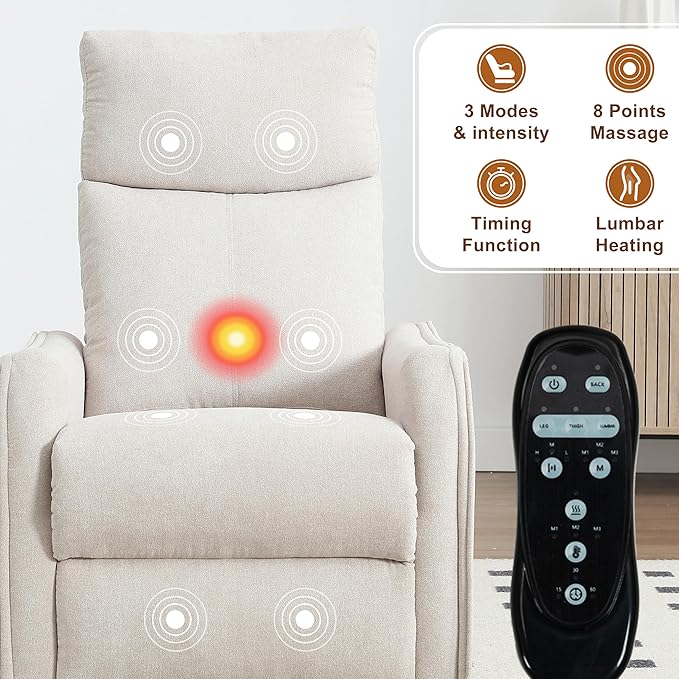 Manual 360° Swivel Rocker Recliner Chair for Adults, Overstuffed Glider Chair for Nursery with Vibration Massage and Heat, Comfy Soft Fabric Glider with Side Pockets for Living Room, Beige