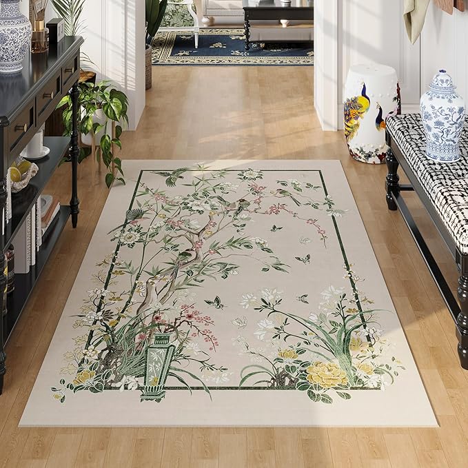 3x5 Washable Rug Chinoiserie-Style Floral Vintage Area Rug Non Slip Low Pile Small Carpet for Bedroom, Bedside, Kitchen, Entryway, Kids Room, Office, Beige