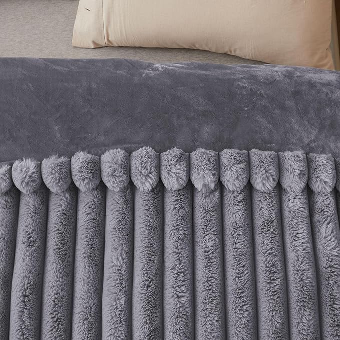 Faux Fur Throw Blanket for Couch, Cozy Warm Plush Striped Blanket for Sofa Bedroom Living Room, 50x60 Inches Grey