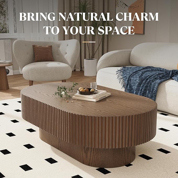 43.7” Oval Coffee Table, Modern Wood Fluted Coffee Table for Living Room, Veneer Handcrafted Relief Center Table with Sturdy Pedestal，Easy Assembly - Walnut