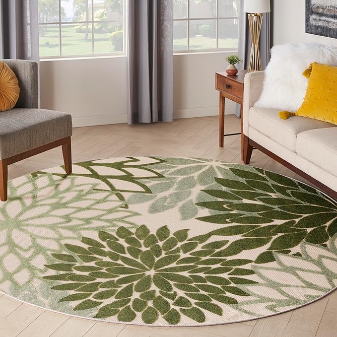 Nourison Home Aloha Indoor/Outdoor Ivory Green 7'10" x Round Area Rug, Easy-Cleaning, Non Shedding, Bed Room, Living Room, Dining Room, Backyard, Patio, Deck (8 Round)
