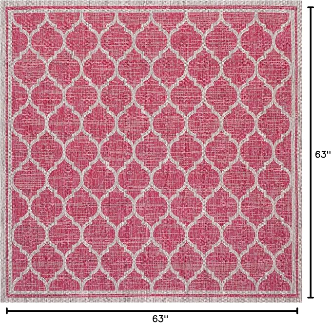 Eyely BMS109H-5SQ Santa Monica Trebol Moroccan Trellis Textured Weave Indoor/Outdoor Area Rug Coastal;Bohemian, Bedroom, Backyard, Patio, Easy-Cleaning, Non-Shedding, 5' Square, Fuchsia/Light Gray