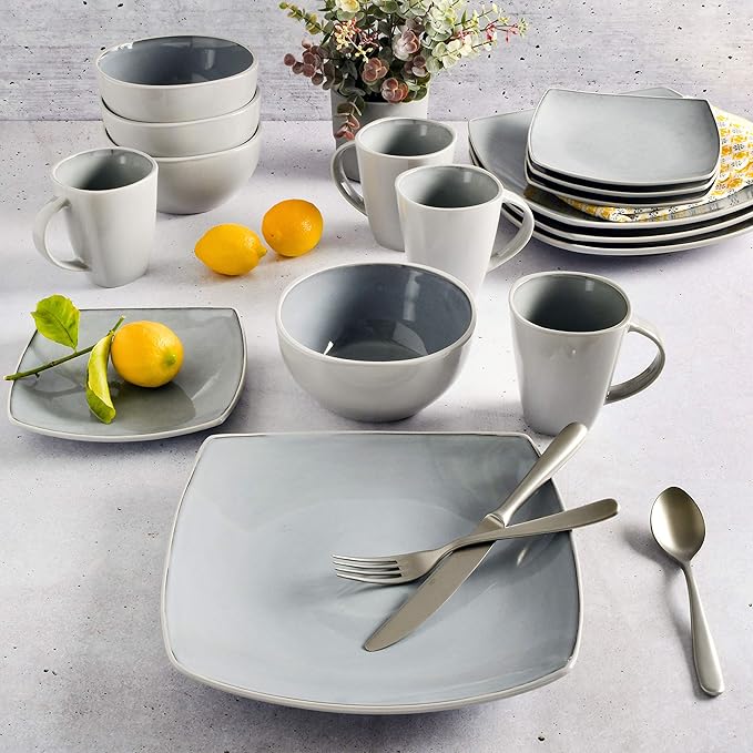 Gibson Elite Soho Lounge Square Reactive Glaze Stoneware Dinnerware Set, Service for 4 (16pc), Light Gray