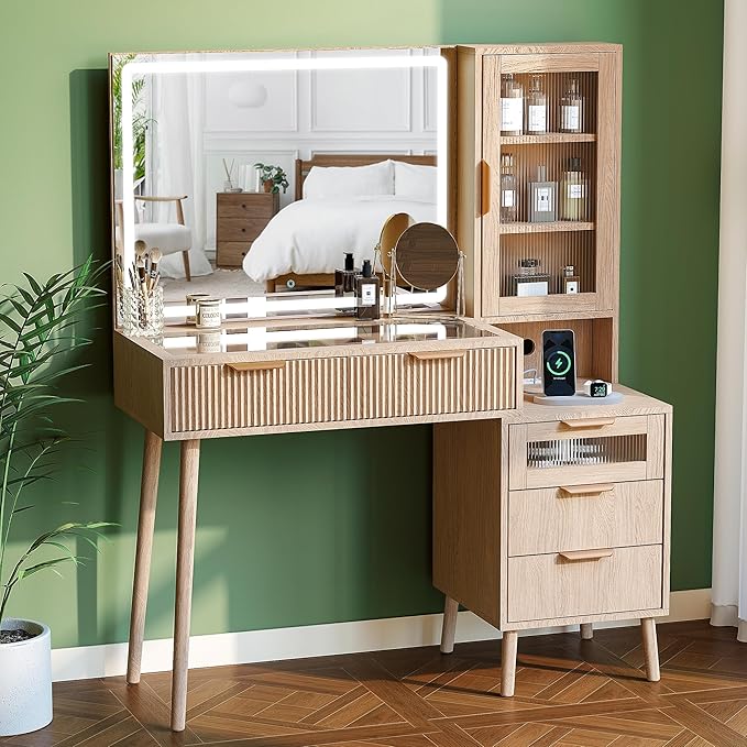 Fluted Makeup Vanity Desk with Mirror and Lights, 5 Drawers Glass Top Makeup Vanity with 4 Storage and 9-Grid Organizer, 3 Color Ribbed Glass Dressing Table with Charging Station, Natural Oak