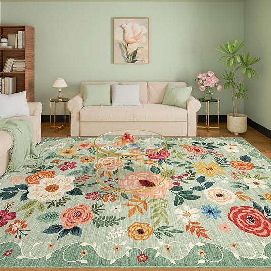 DUKINO 8x10 Area Rug, Floral Rugs for Living Room, Lightweight Non Slip Washable Rug, Indoor Low Pile & Non-Shedding Boho Design Rugs for Bedroom, Living Room, Dining Room, Green
