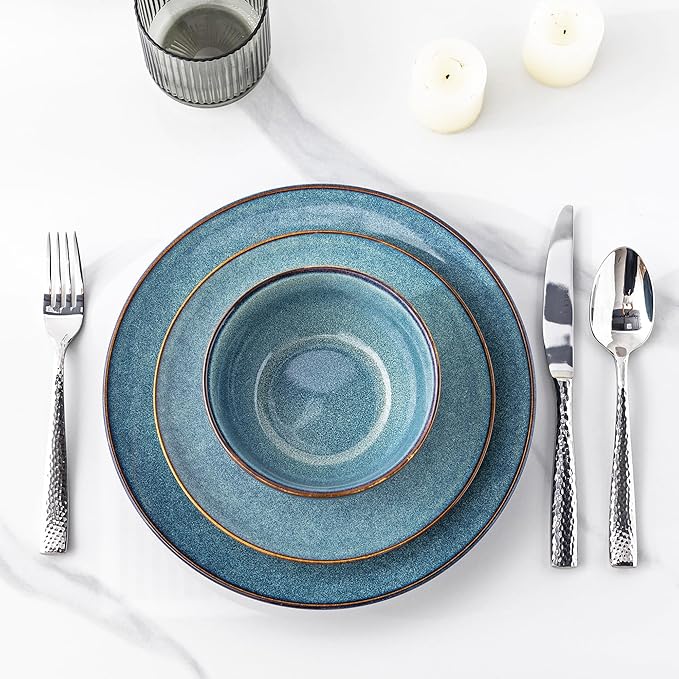 AmorArc Ceramic Dinnerware Sets for 8, 24 Pieces Handpainted Plates and Bowls Set, Scratch Resistant Stoneware Dishes Set, Dishwasher & Microwave Safe, Ceylon Blue