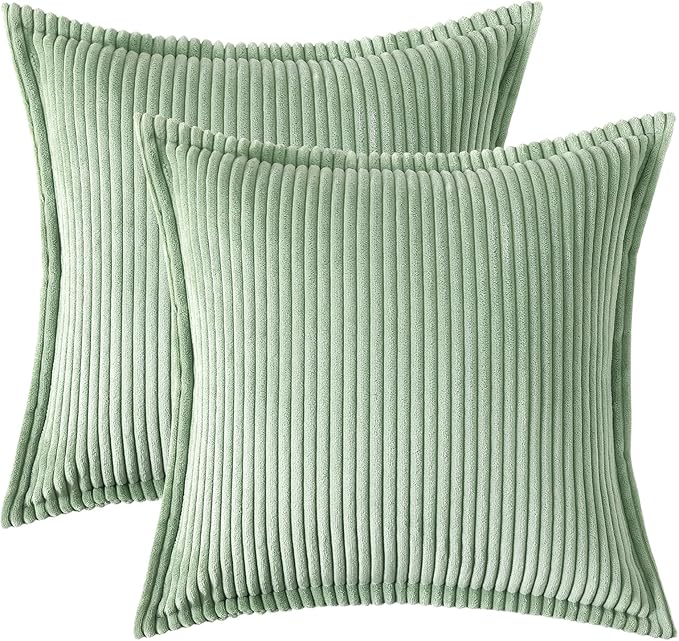 Mecatny Corduroy Throw Pillow Covers 22x22 Set of 2, Neutral Decorative Soft Boho Couch Pillow Covers with Broadside for Sofa Living Room, Sage Green