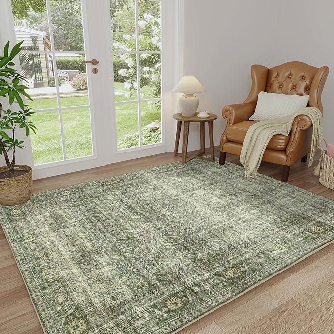FMFUNCTEX 4x6 Washable Area Rug Green Neutral Vintage Distressed Non Slip Low Pile Traditional Entryway Indoor Carpet for Living Room Bedroom Soft Retro Mat Throw Rug for Dining Office Entrance