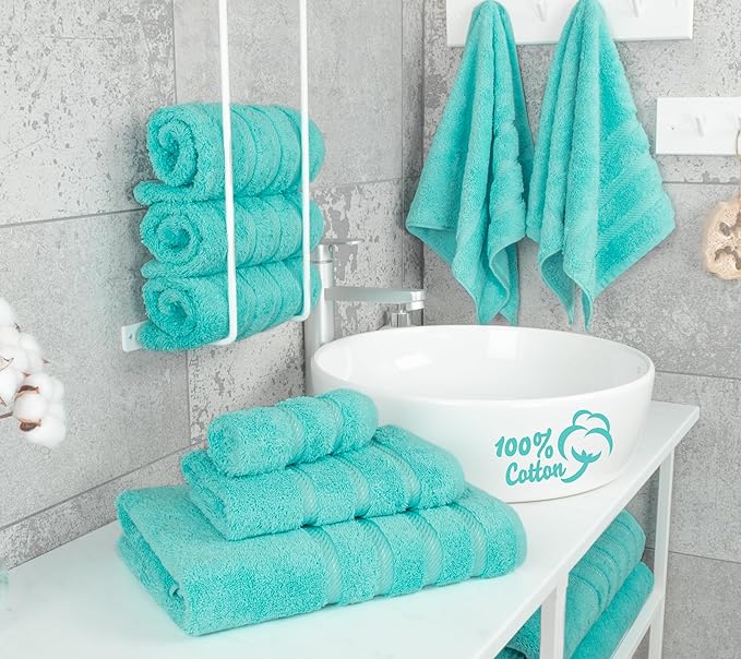 American Soft Linen Luxury 6 Piece Towel Set, 2 Bath Towels 2 Hand Towel 2 Washcloths, 600 GSM 100% Cotton Turkish Towels for Bathroom, Turquoise Blue Towel Sets