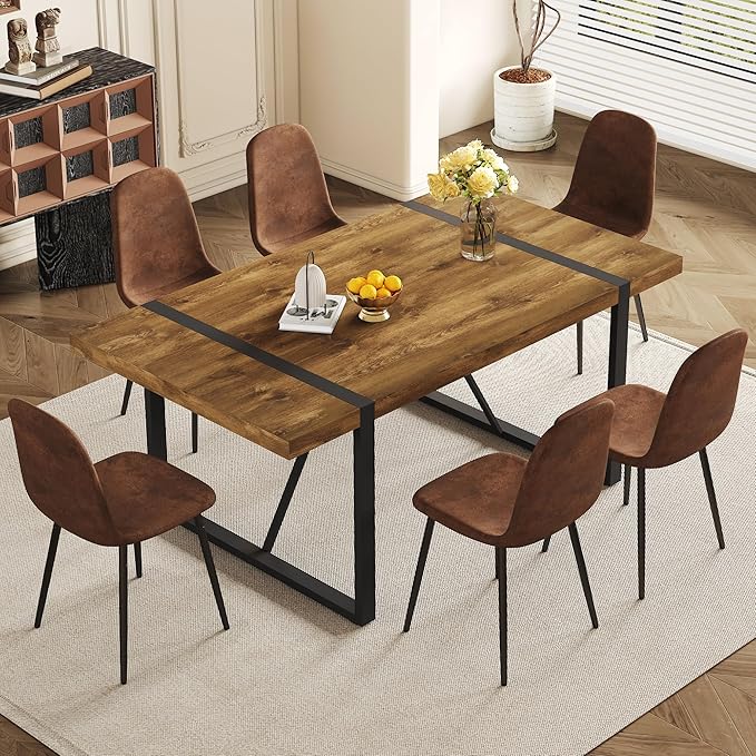 Rustic 7 Piece Dining Room Table Set for 6 People, Mid Century Modern 71 Inch Rectangle Wood Kitchen Dining Table with 6 Fabric Chairs Set, Suitable for Kitchen Dining Room Apartment
