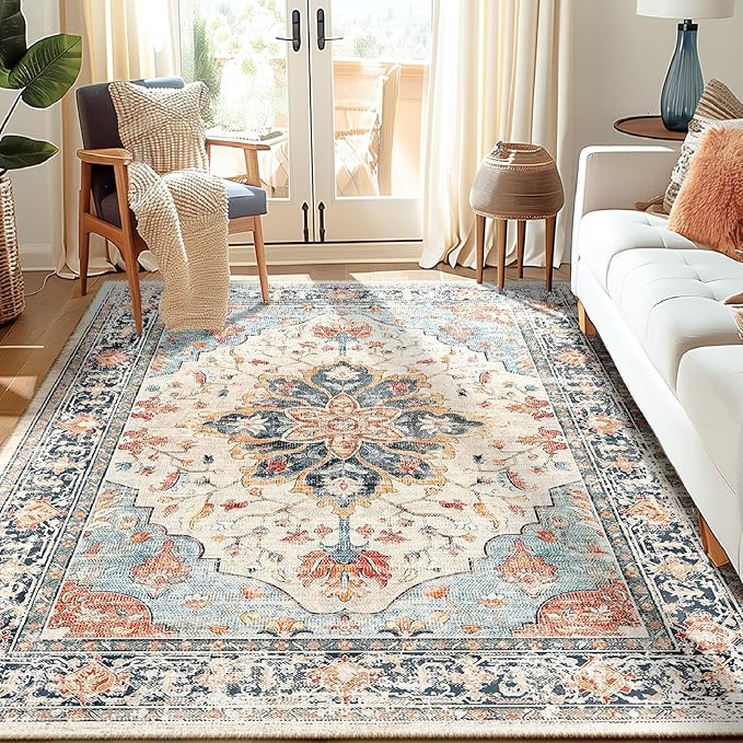 Area Rugs 5'x8' Washable Non-Slip, Floral Vintage Distress Print Pattern Medallion Carpet for Living Room Bedroom Dining Room, Beige Navy Blue Orange Colorful