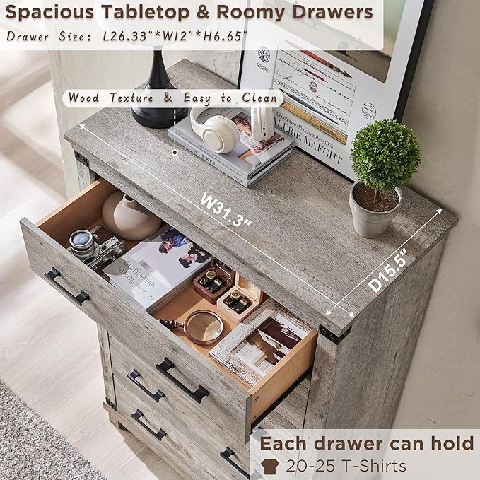 Farmhouse 5 Drawers Dresser for Bedroom, Tall Chest of Drawers with Thick Plank Styling, Wood Rustic Closet Dresser for Bedroom, Living Room, Light Rustic Oak Color