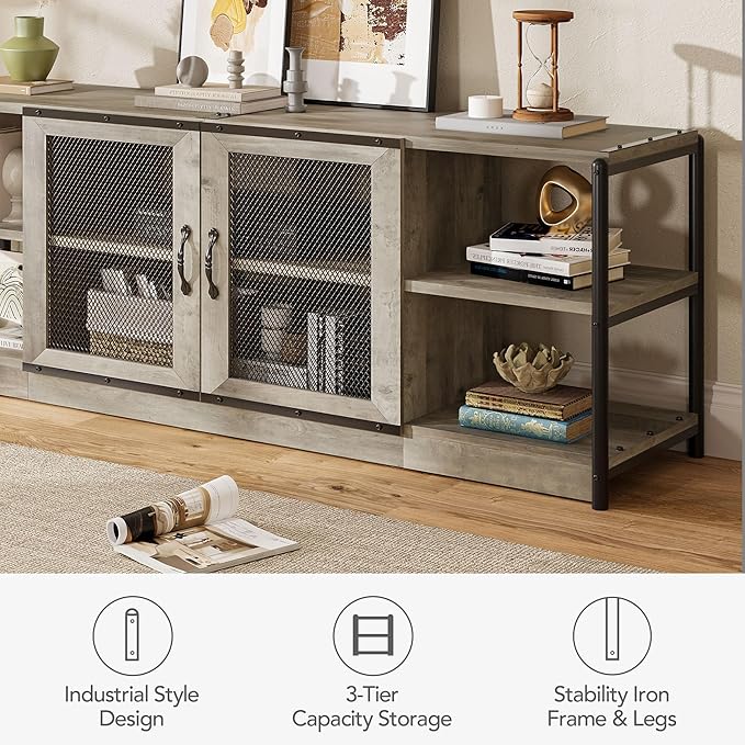 CABIHOME Farmhouse TV Stand for 75/80 inches TVs, Entertainment Center with Storage Cabinet and Mesh Doors, Industrial Media Console Cabinet Table, Living Room Media Furniture, Light Grey
