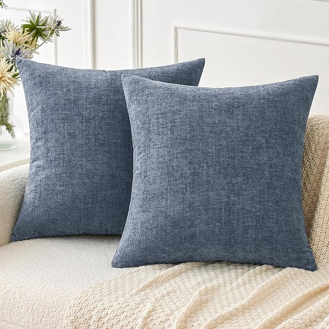 MIULEE Pack of 2 Couch Throw Pillow Covers 20x20 Inch Soft Dark Grey Blue Chenille Pillow Covers for Sofa Living Room Solid Dyed Pillow Cases