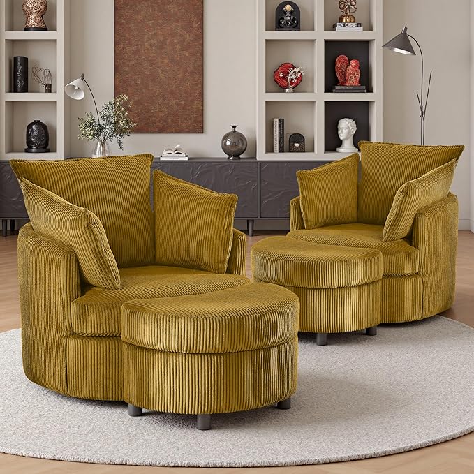 Swivel Accent Chair with Ottoman Comfy Reading Chairs for Bedroom Modern Corduroy Arm Chair 360°Swivel Barrel Chairs for Living Room,Apartment (Yellow, 2)