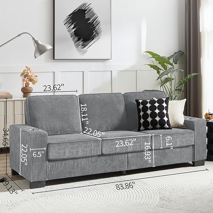 Furnimart Modern 3 Seater Couches, Cozy Deep Seat Sofa, Comfy Fluffy Couch for Living Room, Small Couches for Small Space, with Removable Sofa Cover, Grey Corduroy Fabric