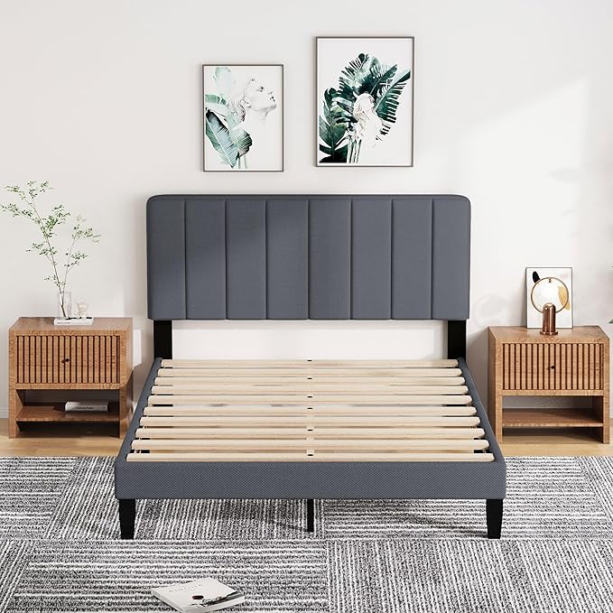 Full Size Bed Frame with Headboard,Fabric Upholstered Platform Bed Frame with Wooden Slats Support,No Box Spring Needed/Non-Slip Without Noise/Easy Assembly, Darkgrey