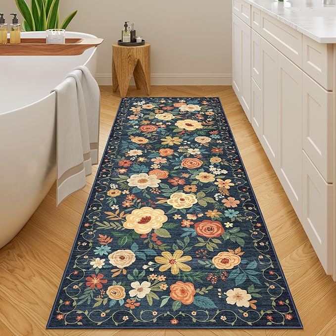 DUKINO 2x6 Runner Rug for Hallway, Washable Kitchen Runner Rug with Non Slip Backing, Low Pile Soft Boho Floral Runner for Kitchen, Hallway, Entryway, Laundry, Bedroom, Dark Blue
