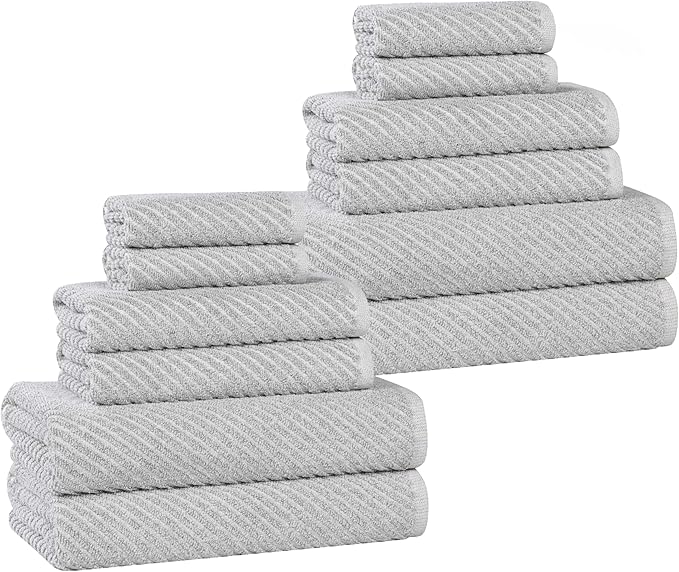 Superior Amelia Viscose Cotton Blend Medium Weight Towels, Guest Bath, Bathroom, Shower, Spa, Plush, Quick Dry, Ultra-Soft Towels, Bath Essentials, Ribbed Design, 12 Piece Assorted Towel Set, Platinum