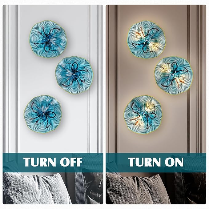 Hand Blown Glass Plate Wall Decor, Modern Unique Glass Wall Art, Lotus Leaf Wall Plate Shape Wall Sconce with Transparent and Easy to Clean for Staircase, Living Room, Kitchen, Hallway (Blue-3)