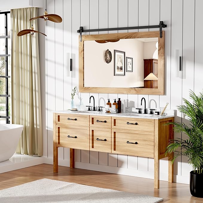 Farmhouse Mirror 42”x28” Bathroom Mirror for Over Sink, Bathroom Vanity Mirrors, Barn Door Style Mirror Farmhouse Decor