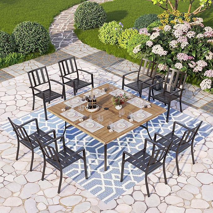 PHI VILLA 9 Pieces Outdoor Dining Set for 8, 60” Wood-Like Large Square Metal Steel Dining Table & Stackable Iron Chairs, Dining Furniture Set for Patio, Deck, Yard, Porch