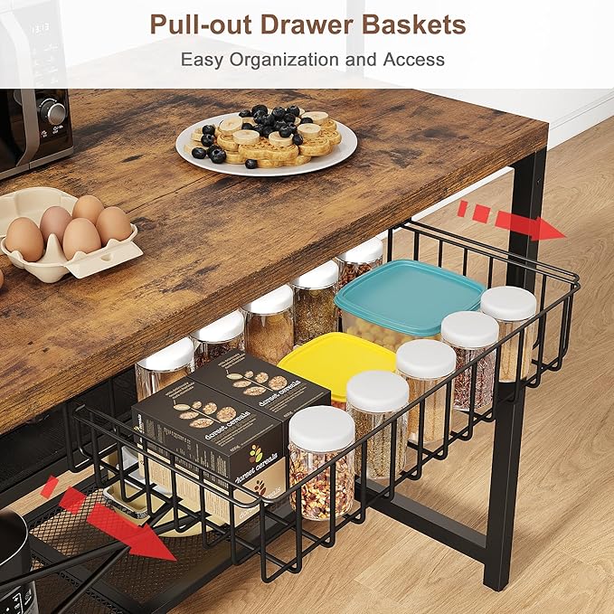 46" Large Kitchen Island Table Baker Rack with Power Outlet and 3-Tier Storage-Microwave Stand Oven Shelf, Metal Coffee Bar Table,Kitchen Storage Shelf for Dining Living Room, 5 Hooks,Vintage