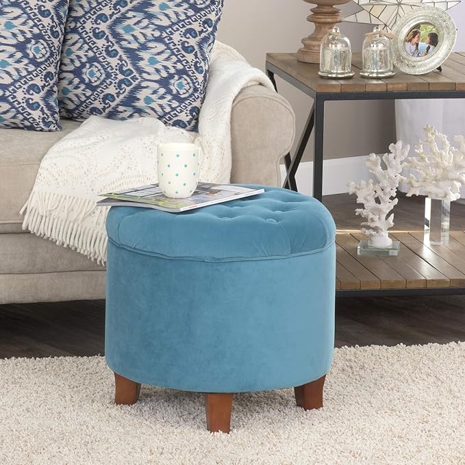 Homepop Home Decor | Upholstered Round Velvet Tufted Foot Rest Ottoman | Ottoman with Storage for Living Room & Bedroom | Decorative Home Furniture, Teal Small