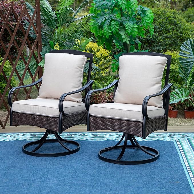 PHI VILLA Outdoor Swivel Chairs Set of 2, Heavy Duty Outdoor Metal Wicker Dining Chair with Padded Cushions, Large All Weather Wrought Iron Patio Chair for Balcony