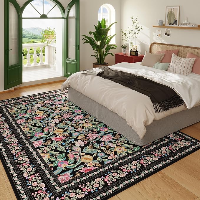 5x7 Washable Rug Vintage Floral Area Rug Non Slip Low Pile Large Rugs for Living Room, Bedroom, Farmhouse, Dining Room, Kids Playroom, Black