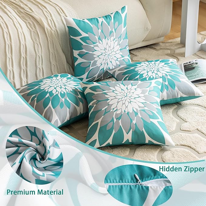 Qahing Pack of 4 Outdoor Waterproof Pillow Covers 16x16 Decorative Outdoor Throw Pillows Garden Square Cushion Cases for Patio Furniture, Couch, Tent Sunbrella, Bench, Teal Turquoise Grey