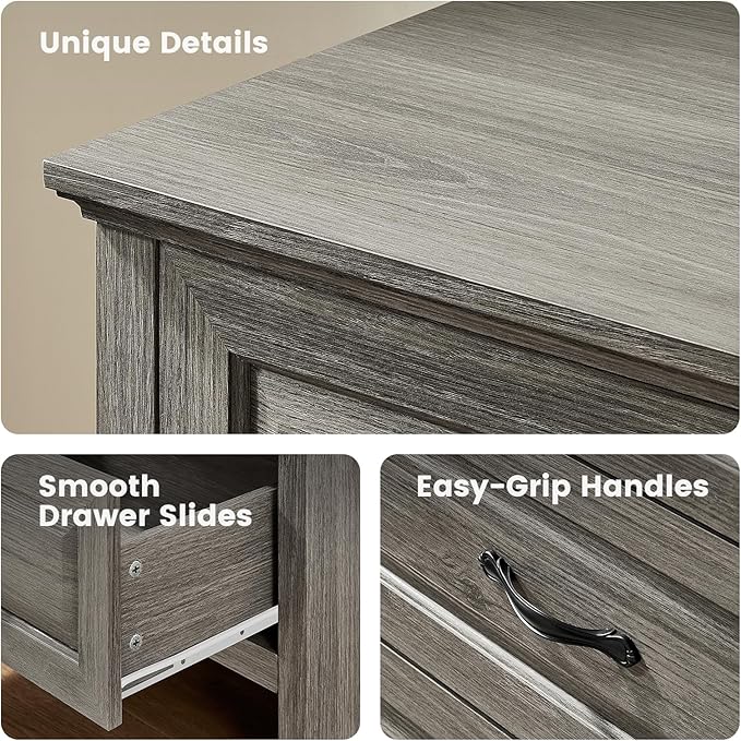 Amada Farmhouse 7 Drawer Dresser for Bedroom, 47.2 Inch Wide Wood Dresser with Natural Texture, Large Drawers, Rustic Farmhouse Chest of Drawers for Bedroom, Living Room, Hallway, Gray