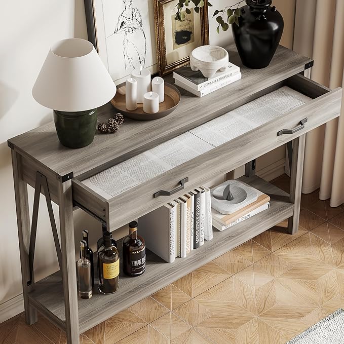 ChooChoo 47'' Farmhouse Console Table with Drawer, Entryway Table with Storage Shelf, Rustic A-Design Sofa Table for Hallway, Entrance, Living Room, Grey