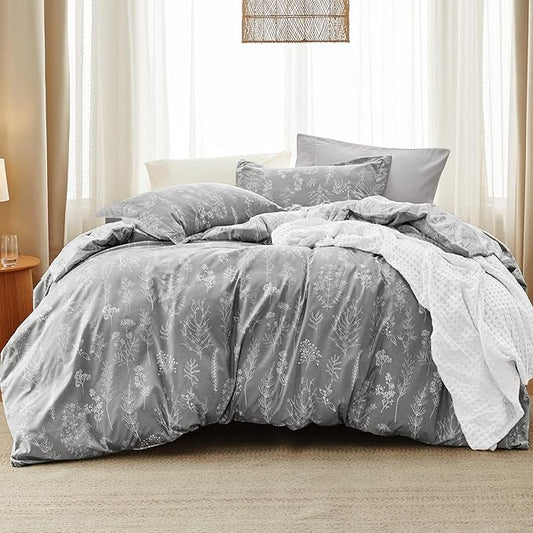 Bedsure Queen Comforter Set - Grey Bed Set, 3 Pieces Cute Floral Bedding, 1 Soft Reversible Botanical Flowers Comforter and 2 Pillow Shams