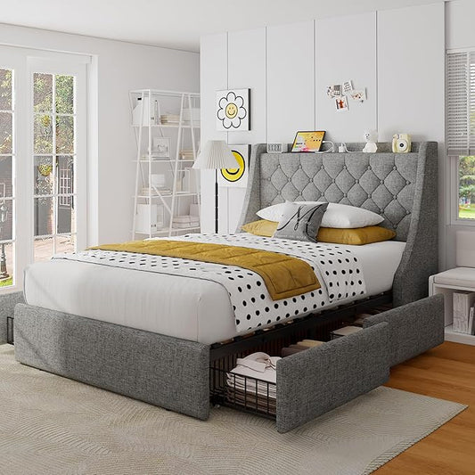 Twin Bed Frame with 4 Storage Drawers, Upholstered Bed Frame with Wingback Headboard, Charging Station, No Box Spring Needed, Easy Assembly, Light Grey