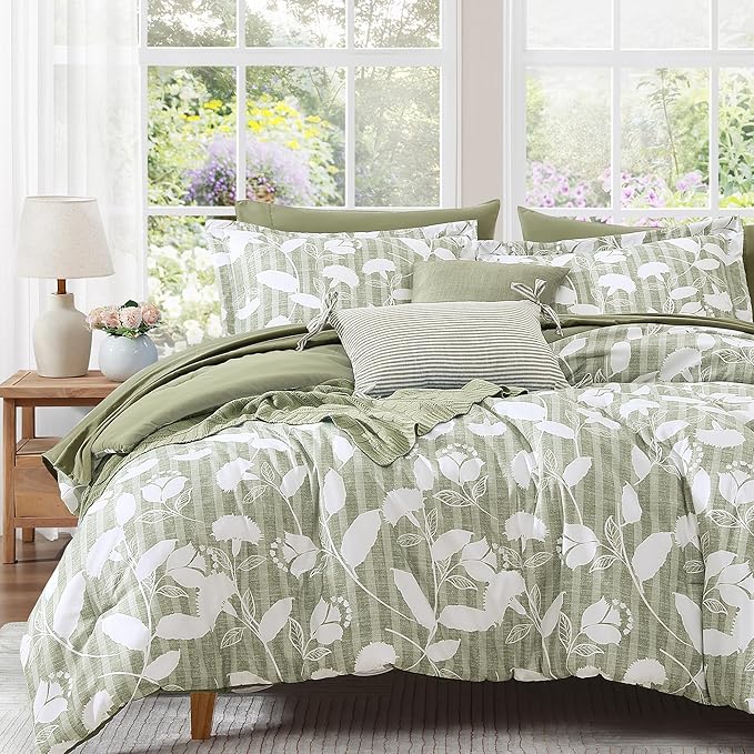 Queen Comforter Set -7 Pieces Sage Green Floral Comforter Set for All Seasons, Bed in a Bag Queen with Botanical Flowers Comforter, Sheets, Pillowcases & Shams