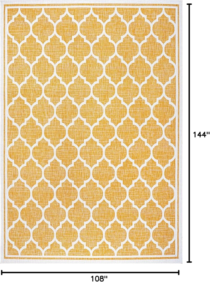 Eyely BMS109F-9 Santa Monica Trebol Moroccan Trellis Textured Weave Indoor/Outdoor Area Rug Coastal;Bohemian, Bedroom, Backyard, Patio, Easy-Cleaning, Non-Shedding, 9 X 12, Yellow/Cream