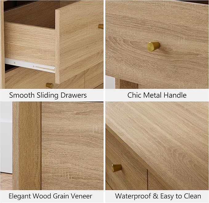 Mid Century Modern Dresser, 6 Drawer Dresser with Storage, 47" Wide Chest of Drawers with Wood Grain Texture, Drawers Organizer for Bedroom, Living Room, Hallway, Oak