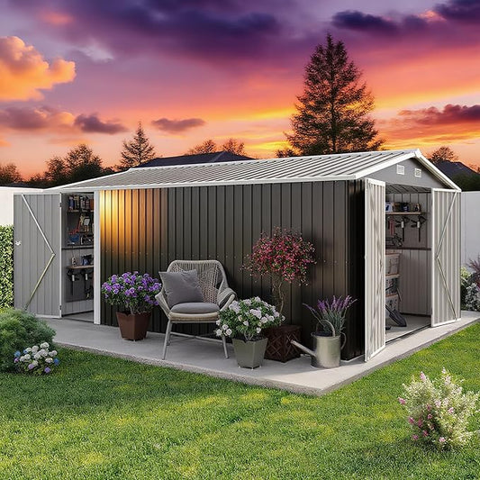 10 x 14 FT Outdoor Storage Shed, Metal Garden Tool Shed with Slooping Roof, Lockable Doors, All-Weather Bike Shed Easy to Assemble for Backyard, Patio, Lawn, Black+Grey