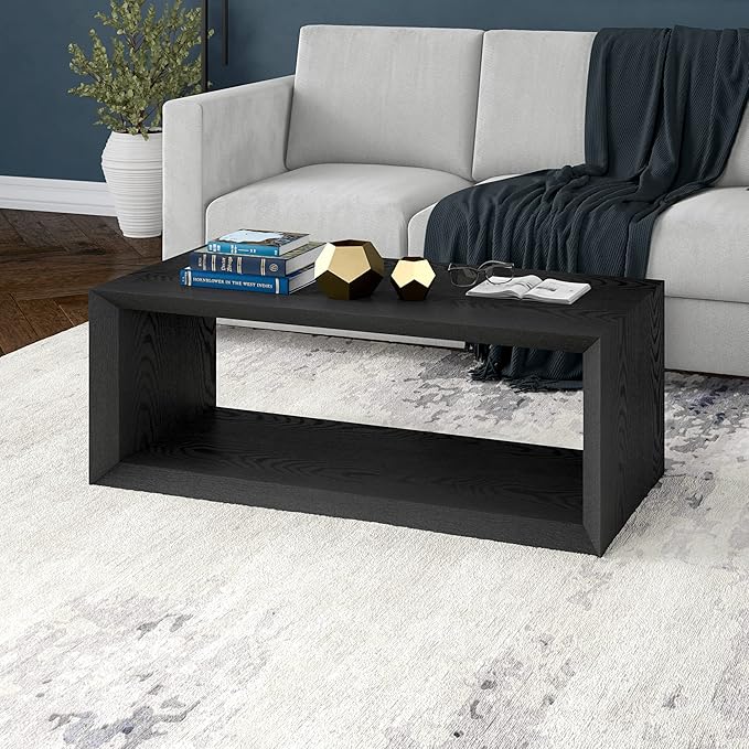 Henn&Hart 48" Rectangular Wood Coffee Table with Open Storage Shelf for Living Room, Family Room, or Office, Black Grain