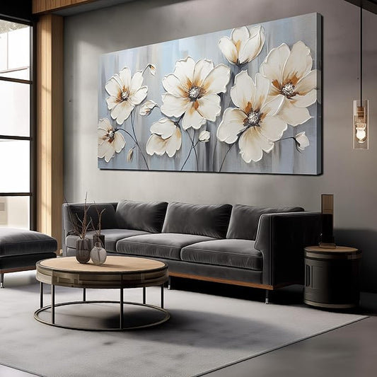 Large Canvas Wall Art Modern Wall Decor White Flower Theme Picture Wall Art with Frame Canvas Decorative Artwork Living Room Bedroom Home Office Hangable Decorative Painting Size 30x60