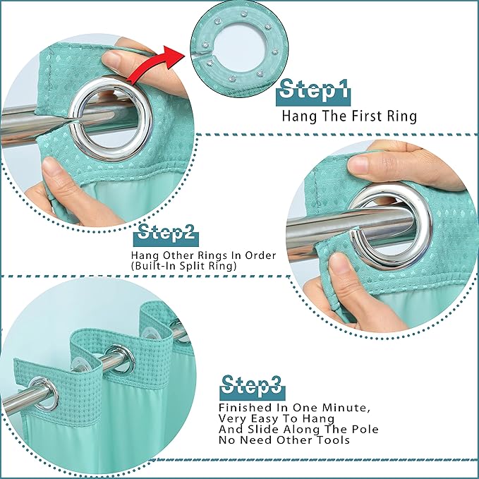 Conbo Mio No Hook Green Waffle Weave Shower Curtain with Snap in Liner Set, Hotel Luxury Shower Curtains for Bathroom with See Through Top Window, Waterproof, Washable 71W x 74H