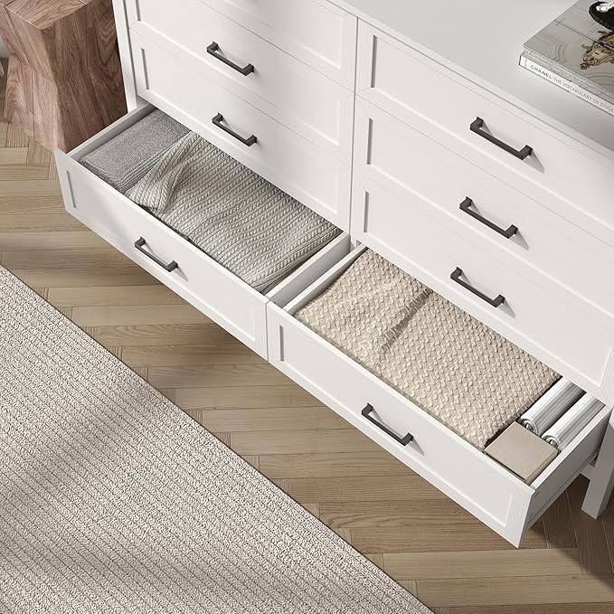 Farmhouse 8 Drawers Dresser for Bedroom, 55 Inch Wood Rustic Wide Chest with Natural Texture, Large Dressers for Bedroom, Hallway, Entryway, White