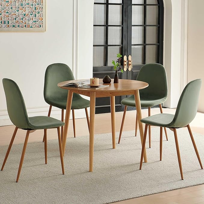 Small Oak Round Dining Table Set for 4, Modern 35'' Kitchen Coffee Table with 4 Green Velvet Dining Chairs for Dining Room Apartment