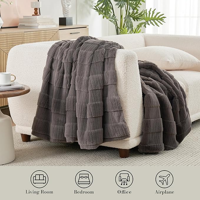 Amélie Home Luxury Striped Faux Fur Throw Blanket for Couch, Embossed Split Fur Cozy Fuzzy Fluffy Luxurious Soft Plush Sofa Chair Bed Gift Blankets for Women Men Wife Friend, 88"x90", Charcoal Gray