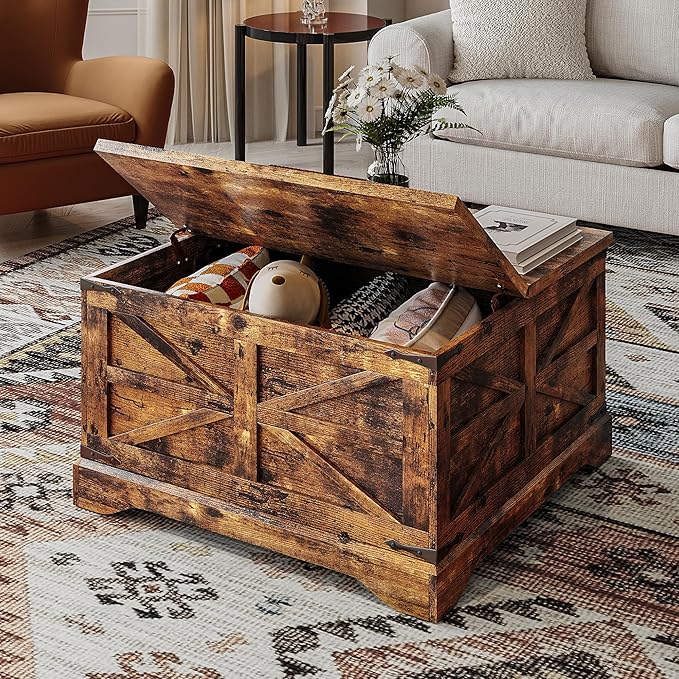 MXV Farmhouse Coffee Table with Storage, Square Coffee Tables for Living Room, Rustic Wood Center Table with Hinged Lifting Tabletop for Home, Brown