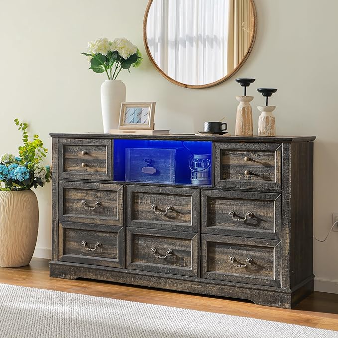 Dresser for Bedroom with Charging Station & Led Lights,55.02" TV Stand with 8 Drawers,Dressers & Chests of Drawers with Open Shelves,Hallway,Closet 55.02" W x 34.53" H x 15.77" D Rustic Oak