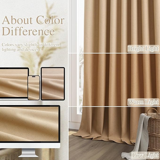 Guken 100% Blackout Linen Curtains 72 Inch Length 2 Panels Set for Living Room Bedroom Back Tab Thermal Insulated Black Out Linen Drapes Room Darkening Window Curtains,Camel Brown