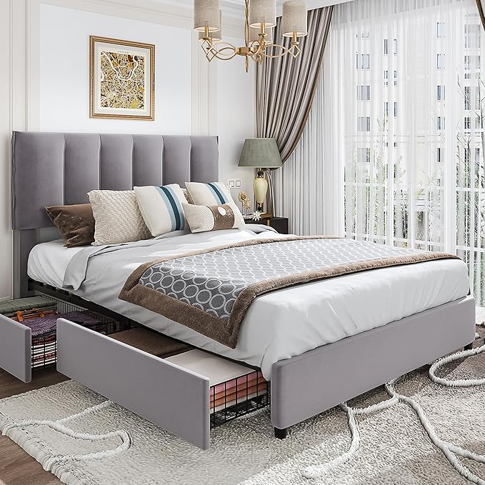 VECELO Full Size Bed Frame with 4 Storage Drawers, Adjustable Height Headboard, Heavy-Duty Platform Bedframe with Strong Wooden Slats, No Box Spring Needed, Dark Grey